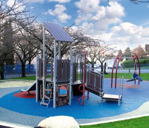 compact, nature-inspired preschool playground structure featuring wood-look elements