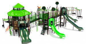 3D rendering of a Blue Imp playground structure featuring several green slides in the foreground, a large bright green pagoda roof and numerous climbers and overheads