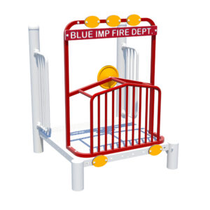 3D rendering of Blue Imp's "Accessible Fire Engine", a firetruck-themed componen with a steering wheel mounted to a red truck hood constructed of steel rail