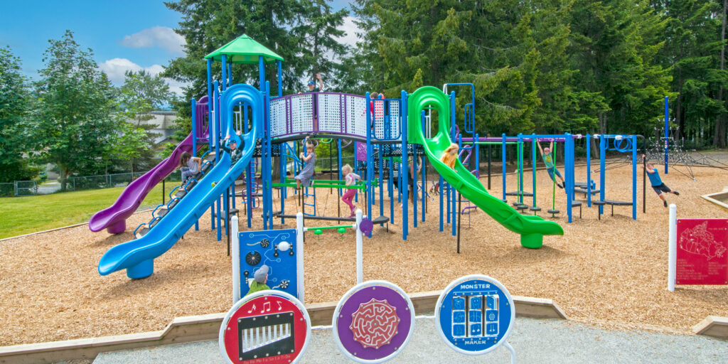 Colorful playground slides and climbing structures for children