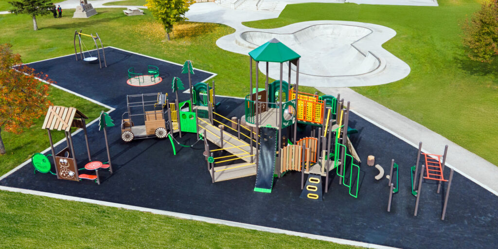 Close-up of a playground with colorful play structures